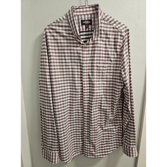 Mens Express Extra Slim Performance Button Down-Pink Gray White Medium 15-15 1/2 - Picture 1 of 13